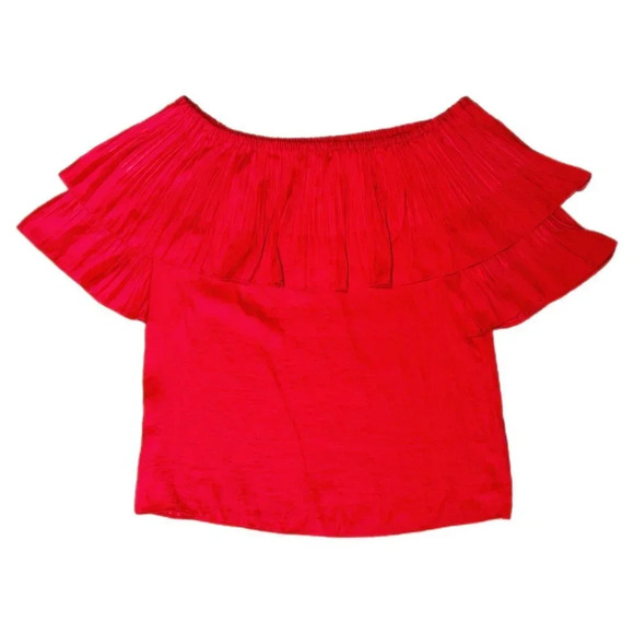 MAJE Locao Off the Shoulder Ruffle Top Size 1 Small Red Boho Satin Festival READ - Picture 3 of 15